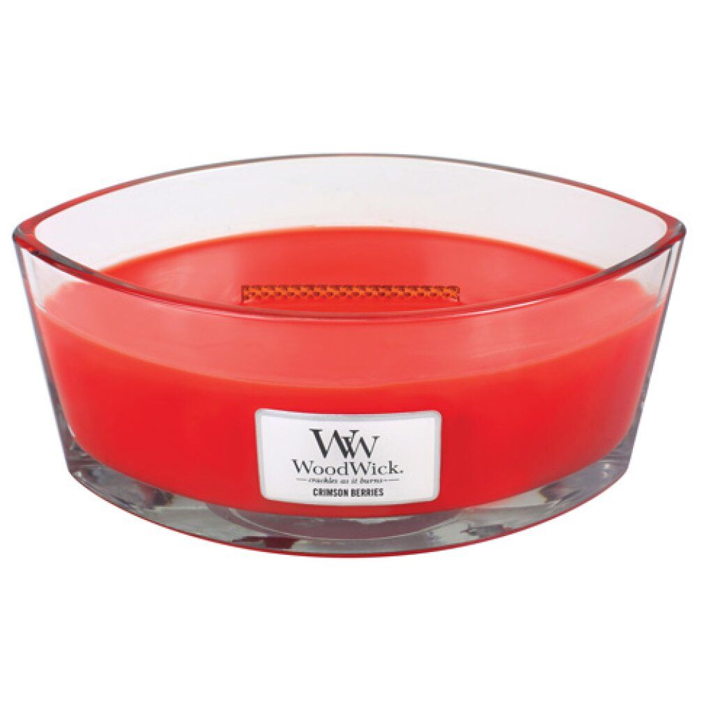 Rote elliptische Kerze in Glasform. Label mit 'WoodWick' und 'Crimson Berries'. Holzdocht sichtbar.