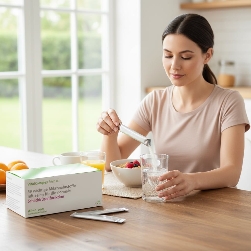 Frau gießt Pulver aus einem Beutel in ein Glas Wasser. Auf dem Tisch: Schachtel mit Produktaufschrift.