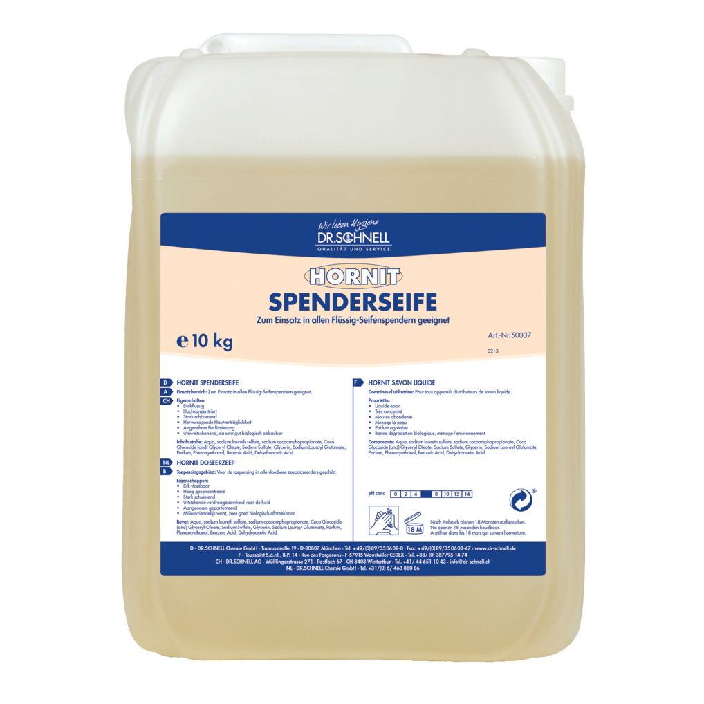 Rechteckiger Kanister mit Flüssigseife. Aufschrift: HORNIT Spenderseife, e 10 kg. Marke: Dr. Schnell. Produktinformationen auf Deutsch und Französisch.