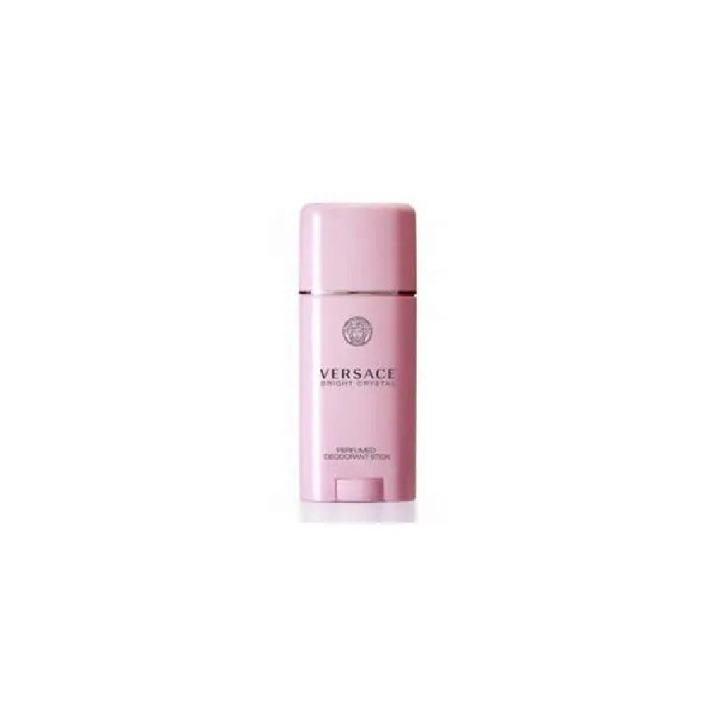 Rosa Deodorant-Stick. "Versace Bright Crystal" und "Perfumed Deodorant Stick" sind aufgedruckt. Mit silbernem Ring und Versace-Logo.