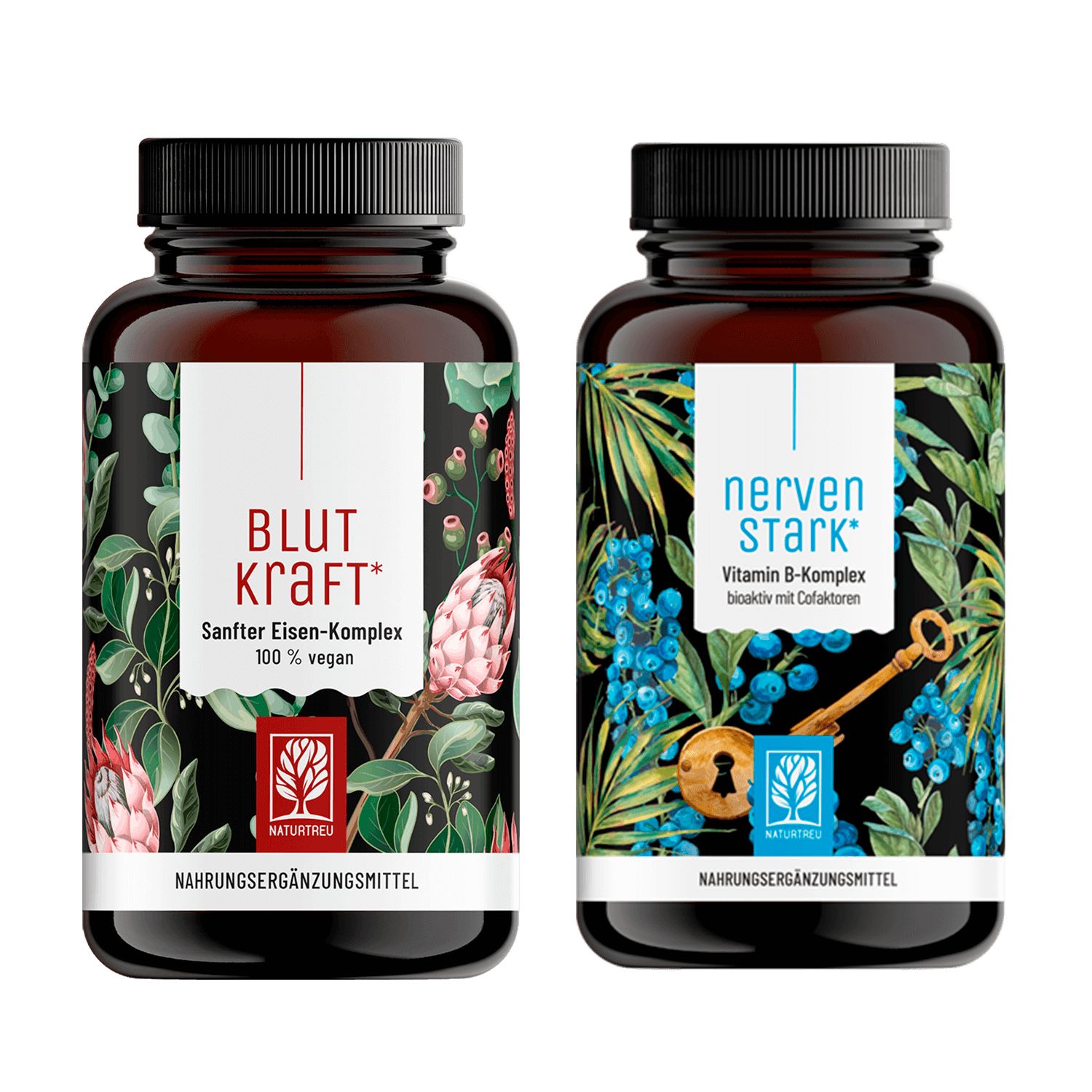 Zwei braune Flaschen mit Etiketten. Links: BLUTKRAFT, Sanfter Eisen-Komplex. Rechts: NERVENSTARK, Vitamin B-Komplex.