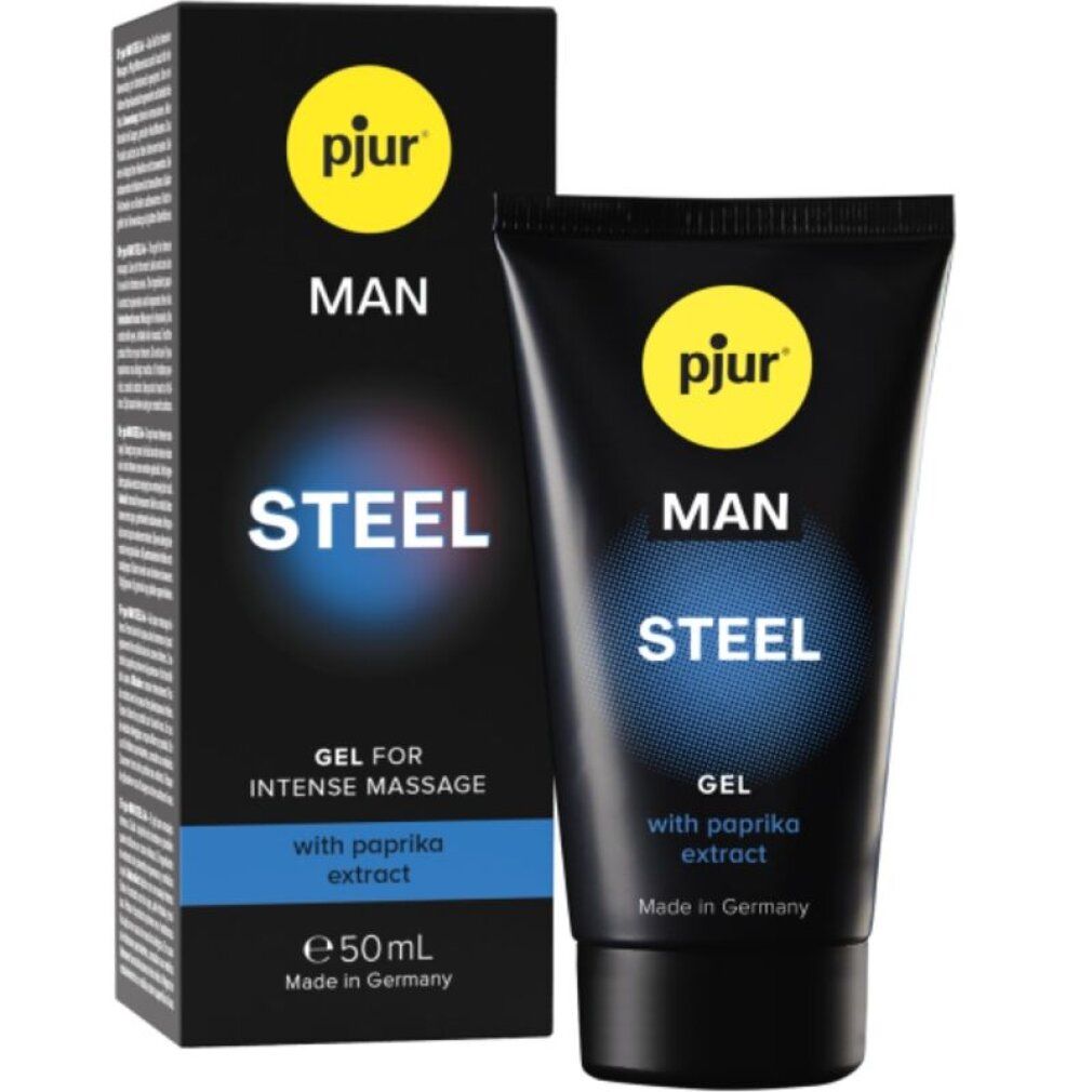 Schwarze Tube und Schachtel. Aufschrift: Pjur MAN STEEL Gel für intensive Massage. 50ml.