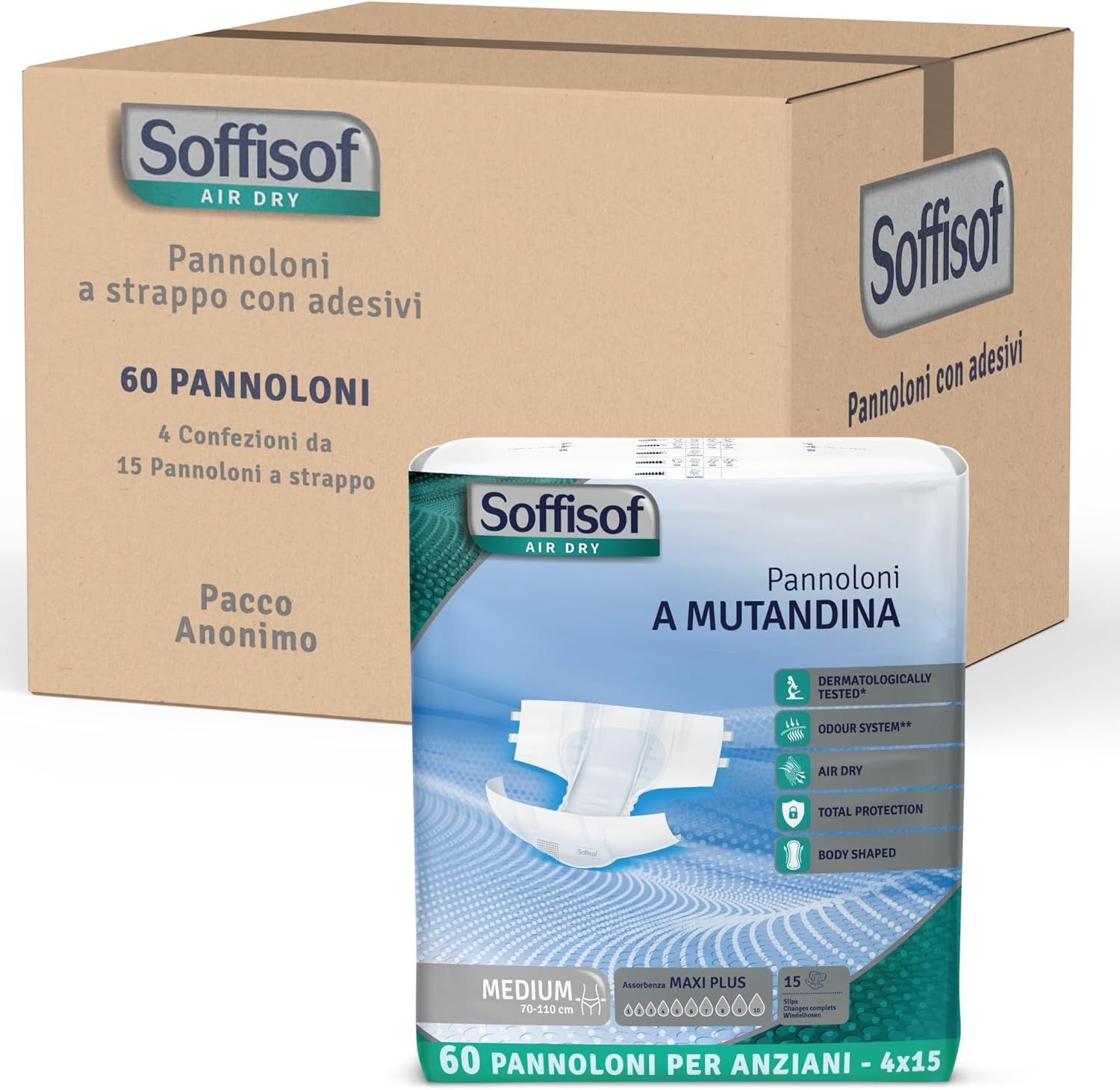 Soffisof Air Dry Windeln. Karton mit Packungen. 60 Stück pro Packung.  Pannoloni a strappo con adesivi.
