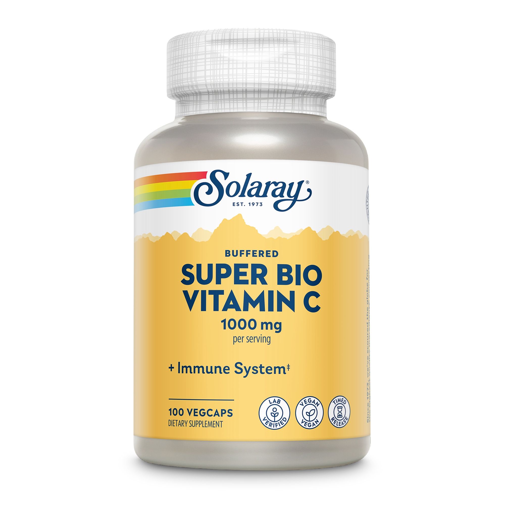 Solaray Super Bio Vitamin C 1000 mg. Flasche mit Kapseln. 100 Vegicaps. Text: 1000 mg, + Immune System, Lab geprüft, Vegan.