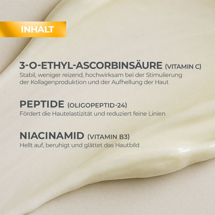 Text-basierte Grafik mit Inhaltsstoffen des Biotrade Serums: 3-O-Ethyl-Ascorbinsäure (Vitamin C), Peptide, Niacinamid (Vitamin B3).