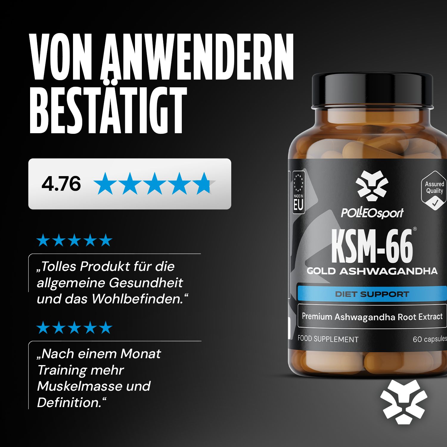Braune Flasche PolleoSport KSM-66 Gold Ashwagandha mit 60 Kapseln. Bewertung: 4.76 Sterne.