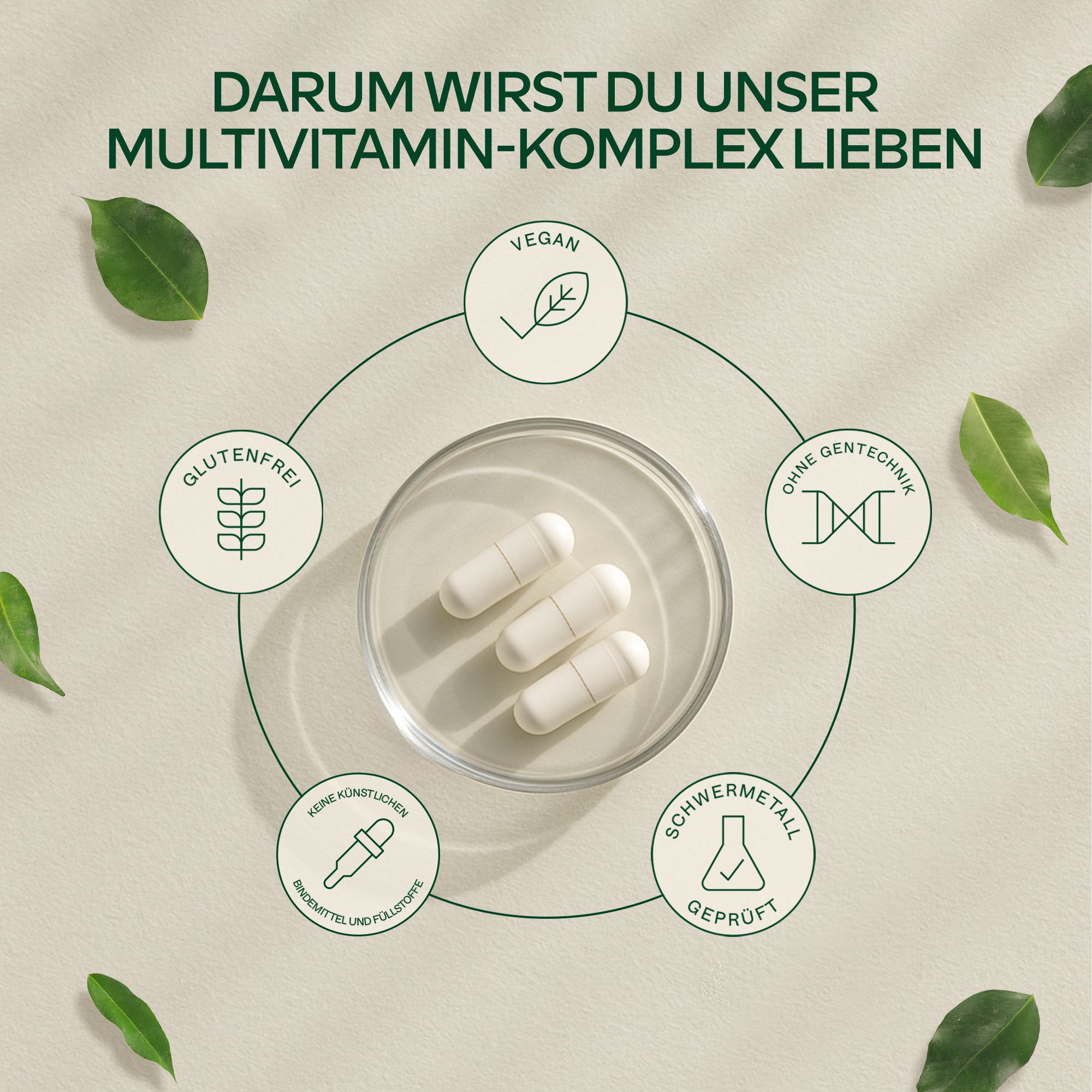 Weiße Kapseln auf einer Glasplatte. Aufschrift: Vegan, Glutenfrei, Ohne Gentechnik, Ohne künstliche Zusätze, Schwermetall geprüft.