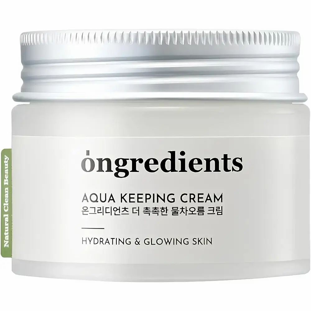 Creme-Glas mit silbernem Deckel. Aufschrift: Ongredients, Aqua Keeping Cream, Hydrating & Glowing Skin. Grüner Aufkleber: Natural Clean Beauty.