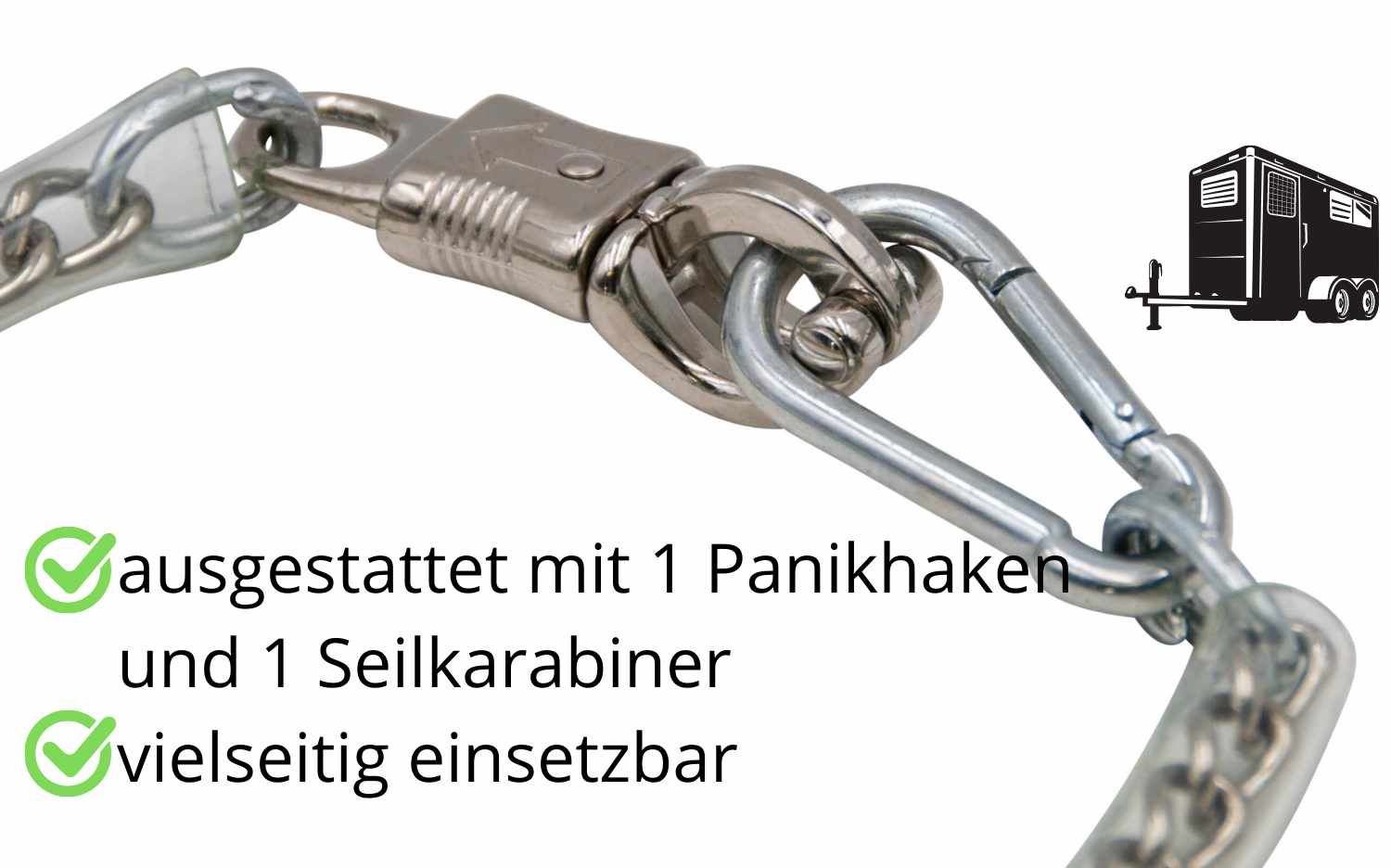 Kette mit Panikhaken und Seilkarabiner. Vielseitig einsetzbar. Abbildung eines Anhängers.