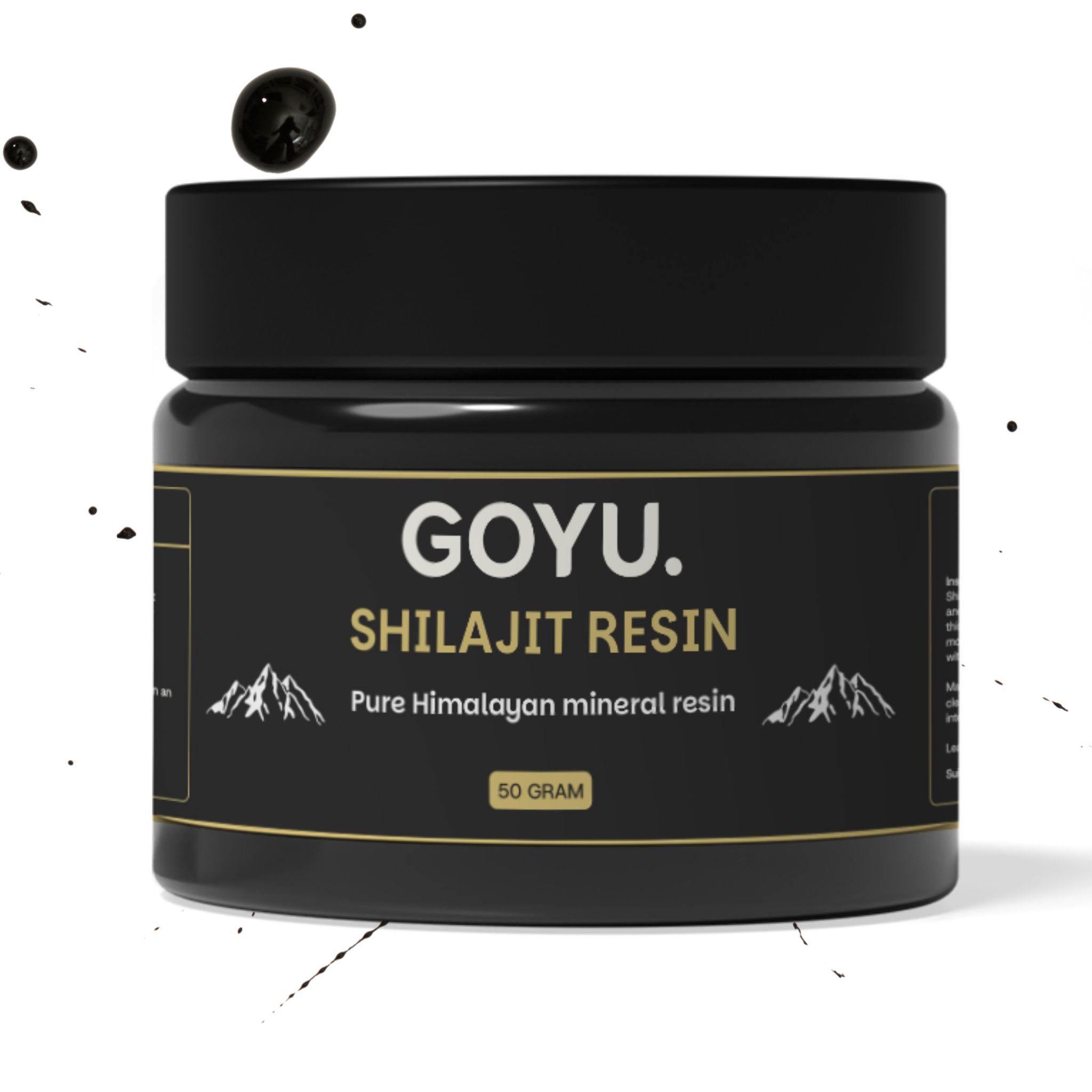 Schwarzes Glas mit Aufschrift GOYU. Shilajit Resin. 50 Gramm. Schwarze Paste und Spritzer.