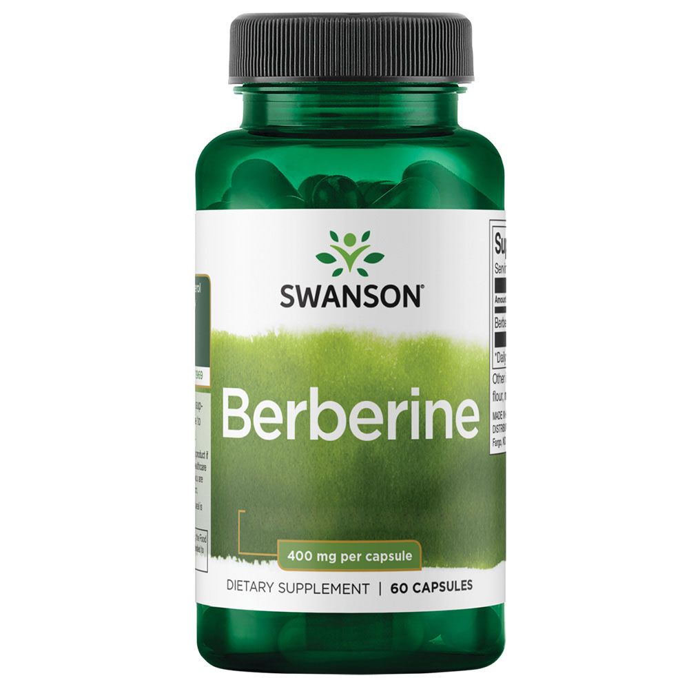 Grüne Flasche mit schwarzem Deckel. Aufschrift: Swanson Berberine 400 mg pro Kapsel. 60 Kapseln. Diätetisches Ergänzungsmittel.