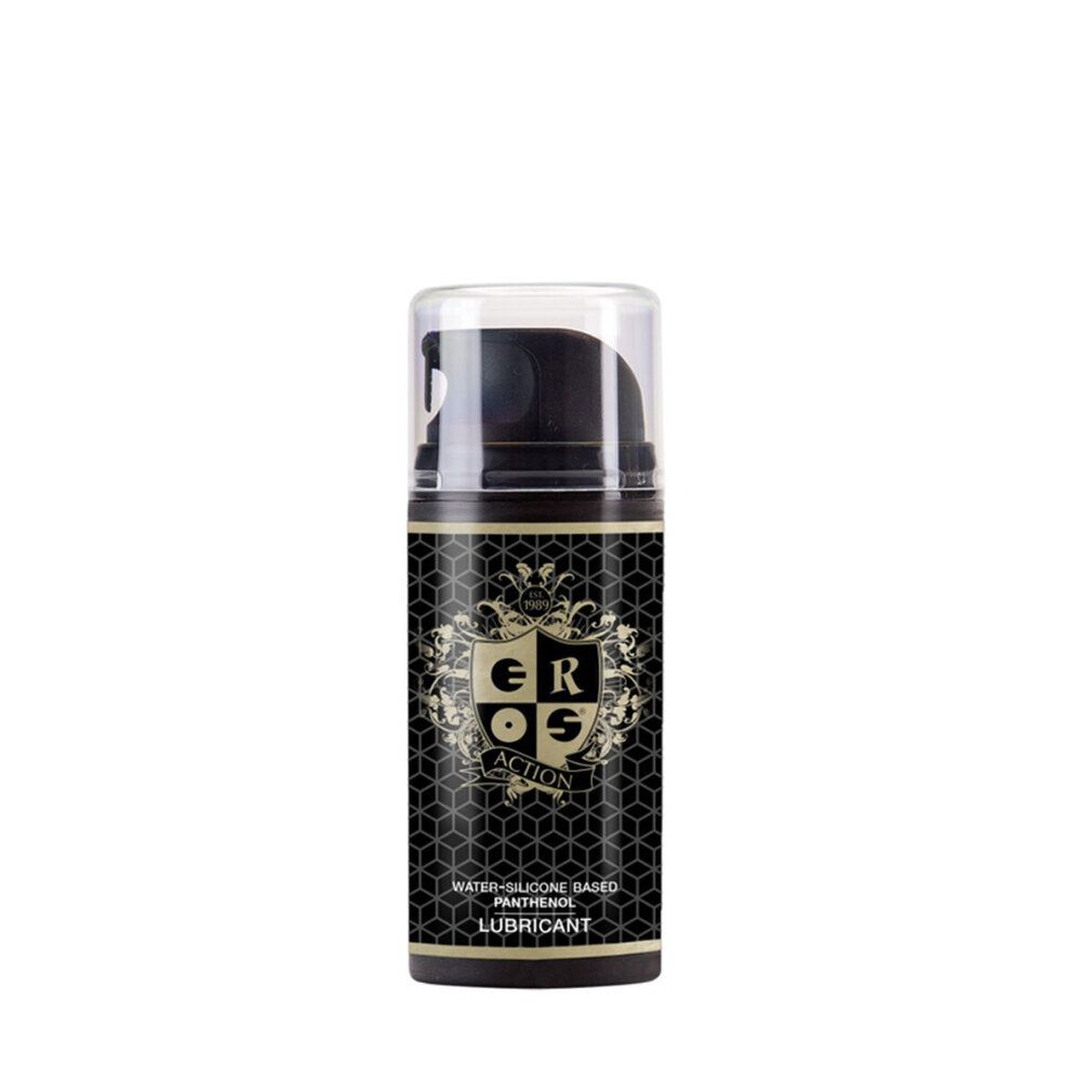 Zylinderförmige Flasche mit schwarzem Etikett. Goldfarbenes Logo "EROS Action". Text: "Water-Silicone Based Panthenol Lubricant". Transparenter Deckel.