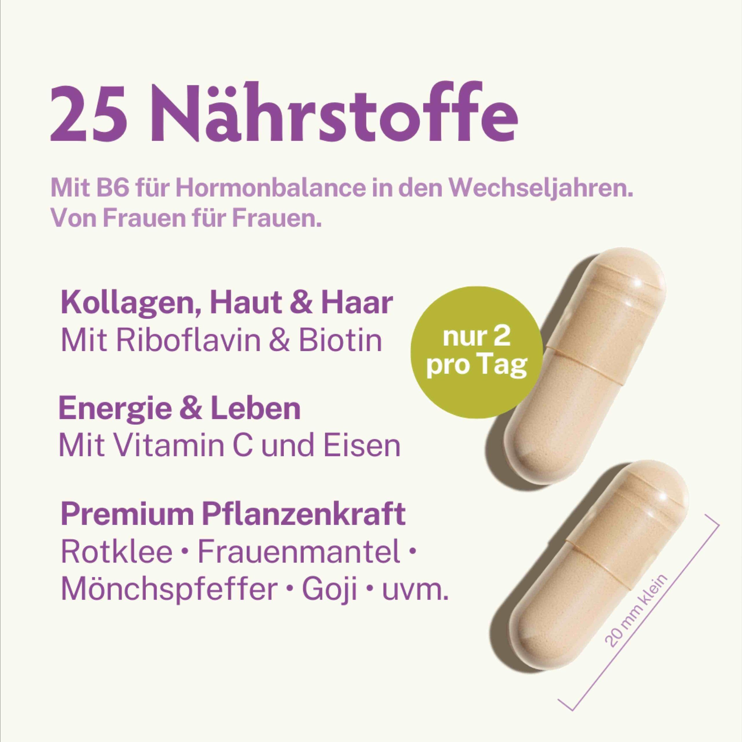 Zwei Kapseln. Text: 25 Nährstoffe, Kollagen, Haut & Haar, Energie & Leben, Premium Pflanzenkraft. 20 mm.