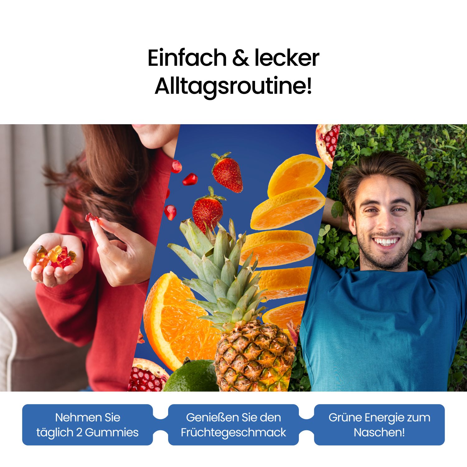Werbefoto mit Früchten und Personen. Text: "Einfach & lecker Alltagsroutine!" und "Nehmen Sie täglich 2 Gummis".