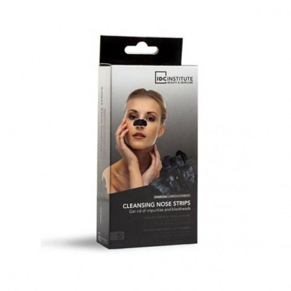 Verpackung mit Reinigungs-Nasenstreifen. Aufdruck: IDC INSTITUTE, Charcoal, 5 Stück. Abbildung einer Frau mit Nasenstreifen.
