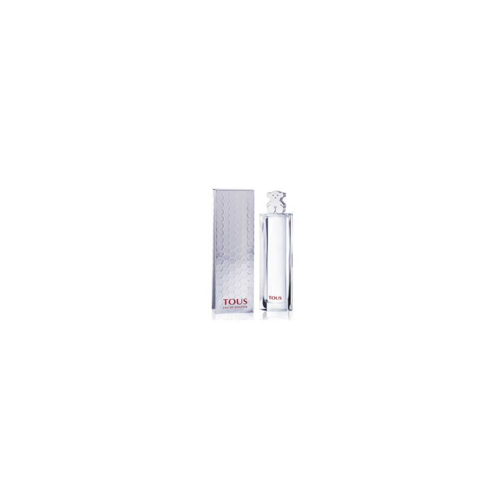 Hoher, rechteckiger Flakon mit Bärenverschluss und silberner Schachtel. Aufschrift: Tous Eau de Toilette. Flakon und Schachtel stehen nebeneinander.