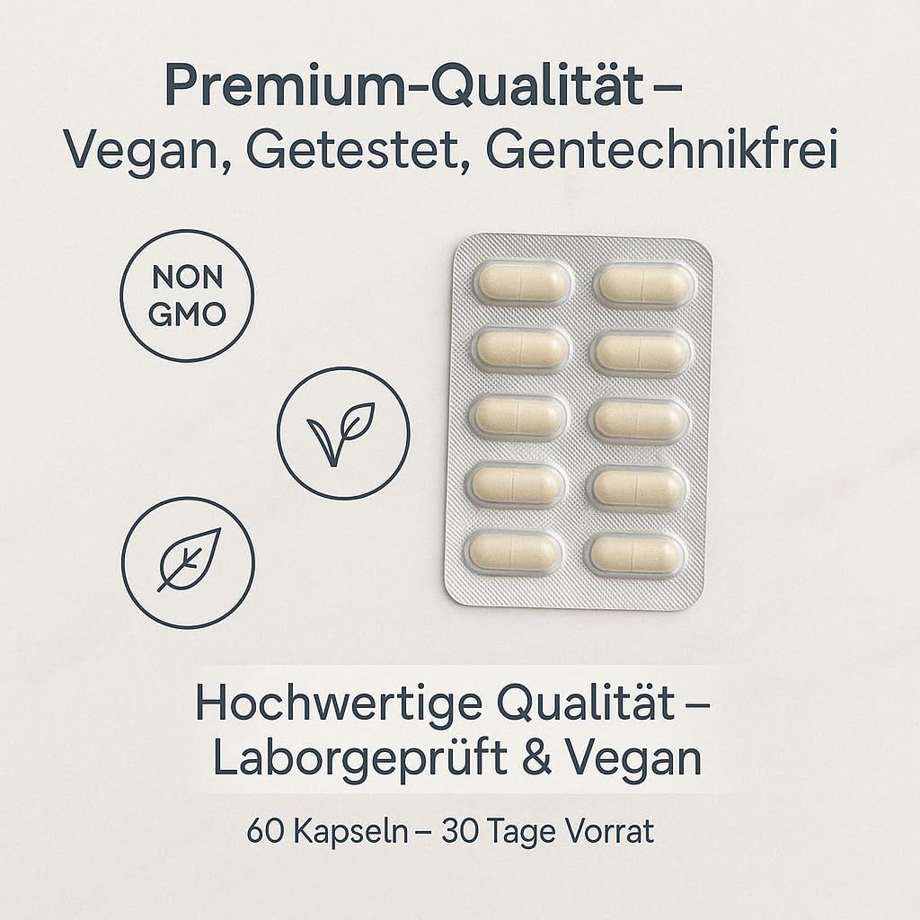 Blisterpackung mit Kapseln. Text: Premium-Qualität - Vegan, Getestet, Gentechnikfrei. Hochwertige Qualität - Laborgeprüft & Vegan. 60 Kapseln - 30 Tage Vorrat.