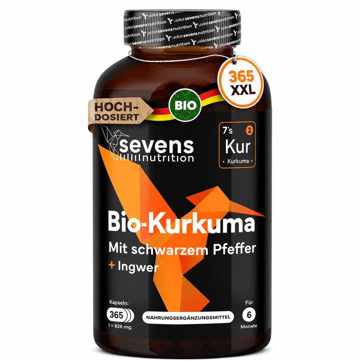Braune Dose mit Bio-Kurkuma Kapseln, 365 Kapseln, hochdosiert, mit schwarzem Pfeffer und Ingwer.