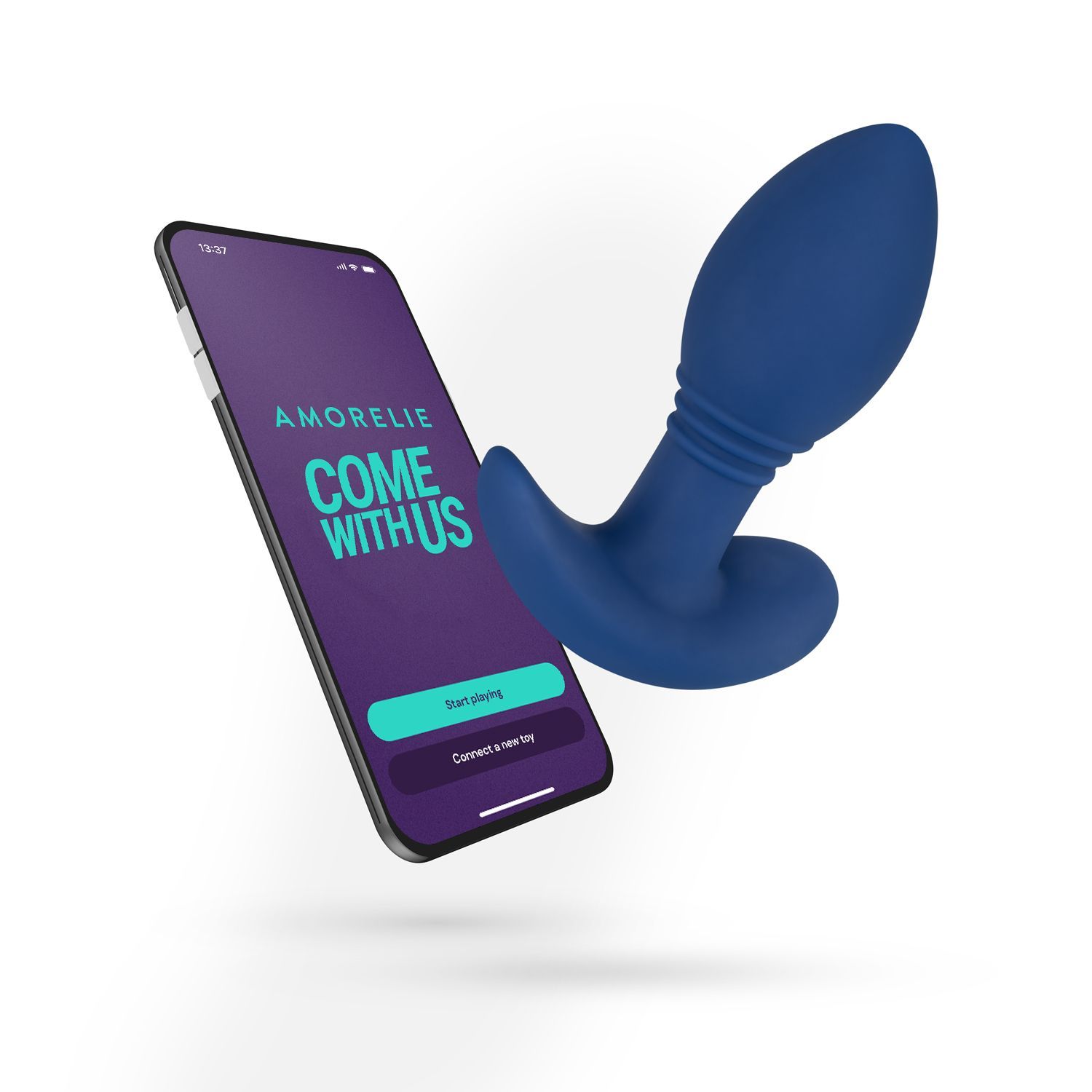 Blauer Analplug neben Smartphone mit AMORELIE-App. App-Text: COME WITH US. Start playing und Connect a new toy.