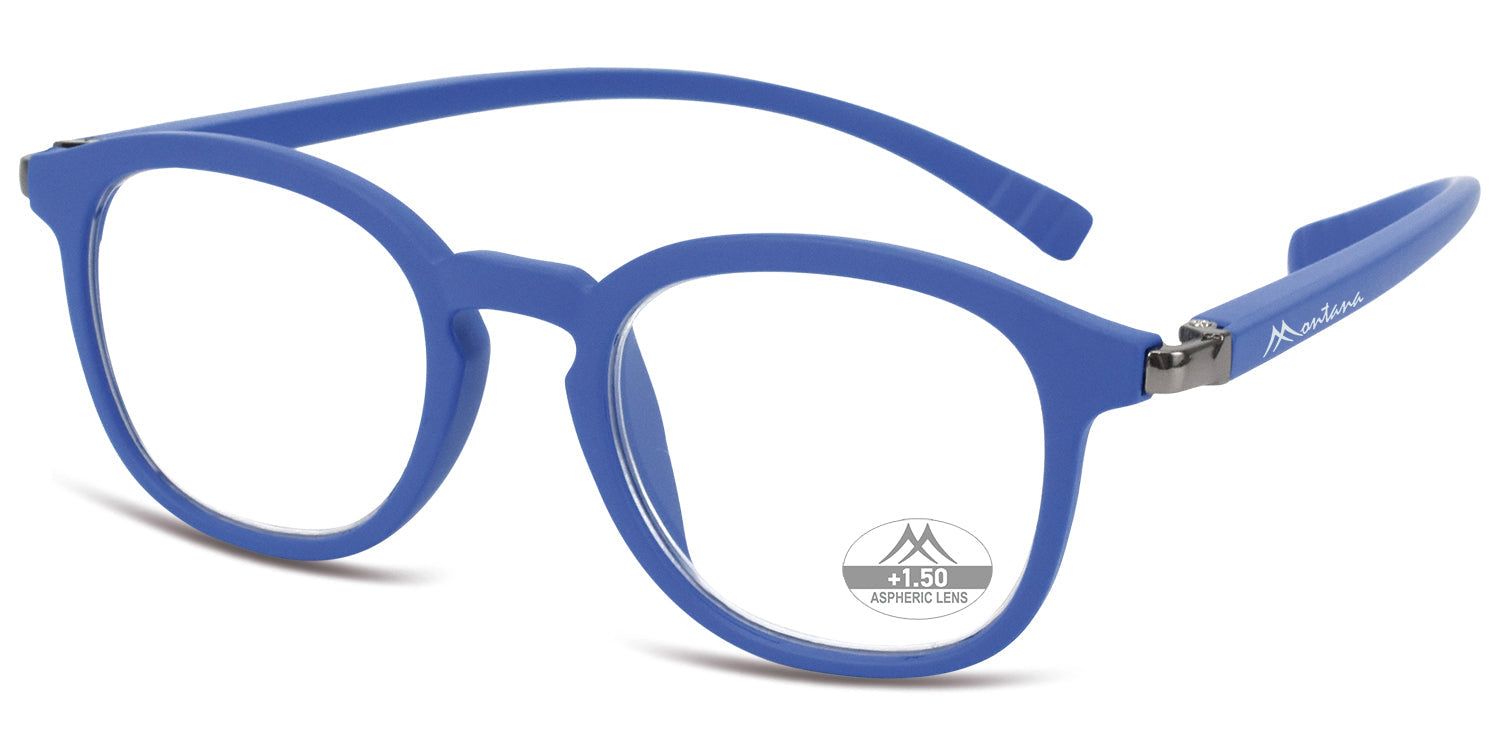 Blaue Brille mit runden Gläsern. Auf einem Glas ist "+1.50 ASPHERIC LENS" zu sehen. Der Markenname ist auf dem Bügel.