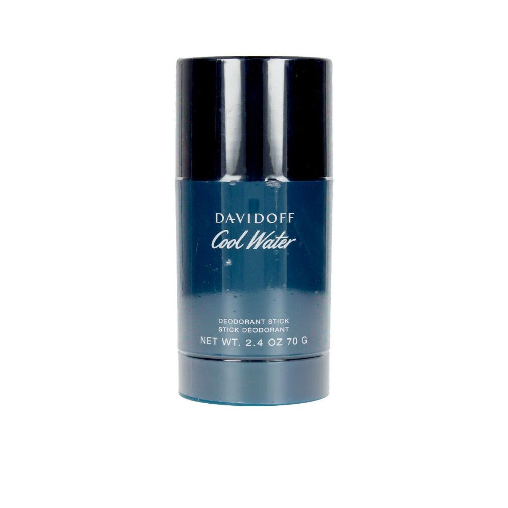 Davidoff Cool Water Deodorant Stick. Zylindrische Verpackung in Blau-Schwarz. Produktbezeichnung und Inhaltsangabe.