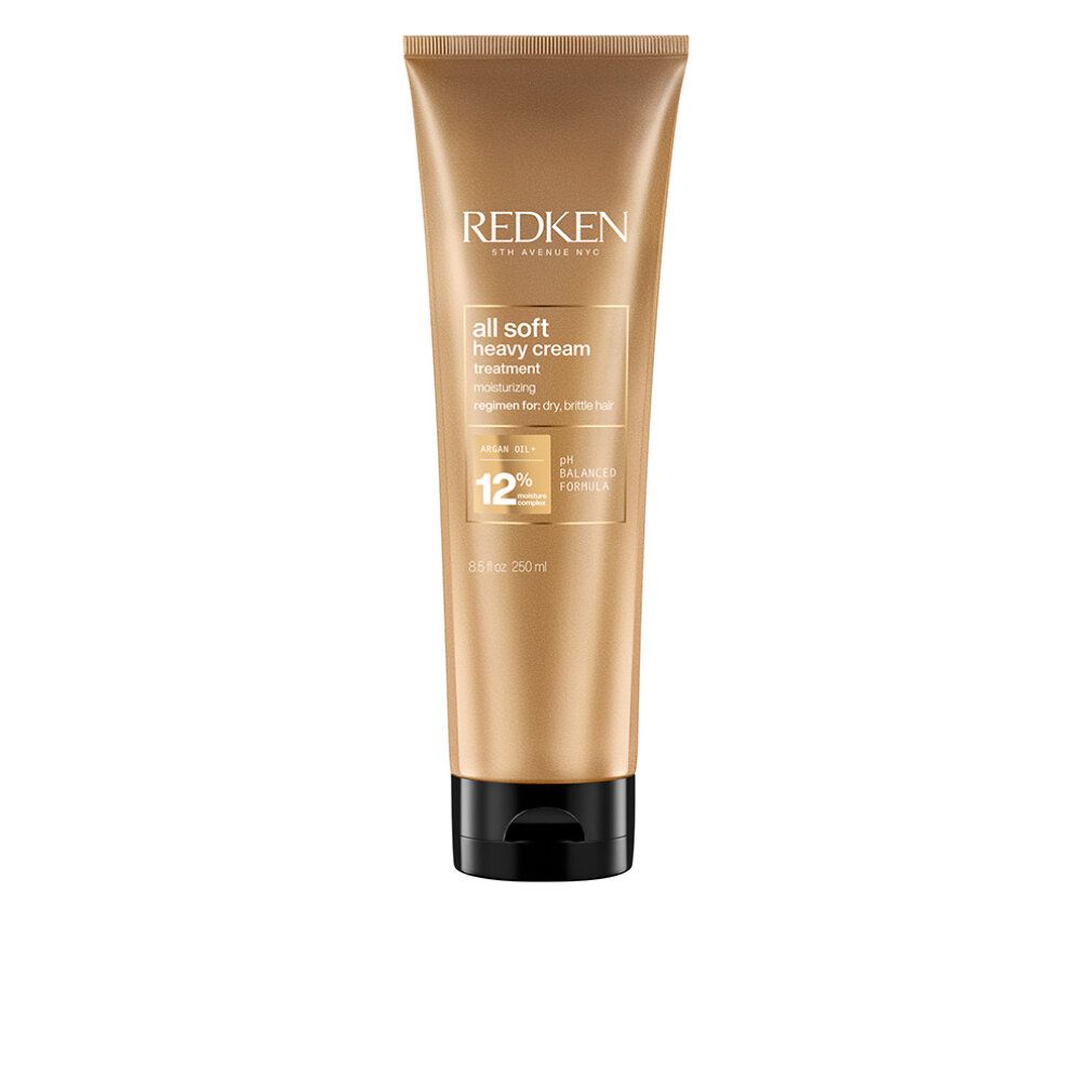 Goldfarbene Tube mit schwarzem Deckel. Aufschrift: REDKEN, all soft heavy cream. Enthält 12% Moisture Complex. pH-ausgeglichene Formel.