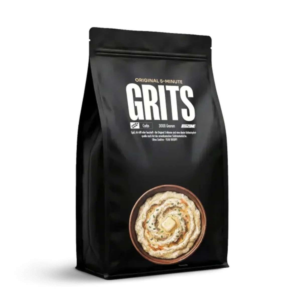 Schwarzer Beutel mit Aufschrift GRITS. Oben steht "ORIGINAL 5-MINUTE". Unten eine Schüssel mit Grits.