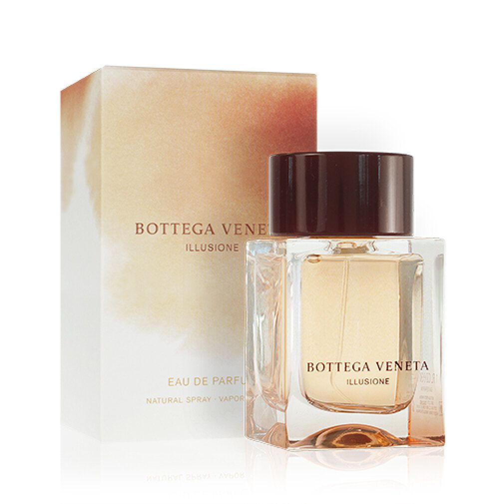 Bottega Veneta Illusione Eau de Parfum Spray, 50 ml, mit Verpackung. Rechteckiger Flakon, brauner Deckel.