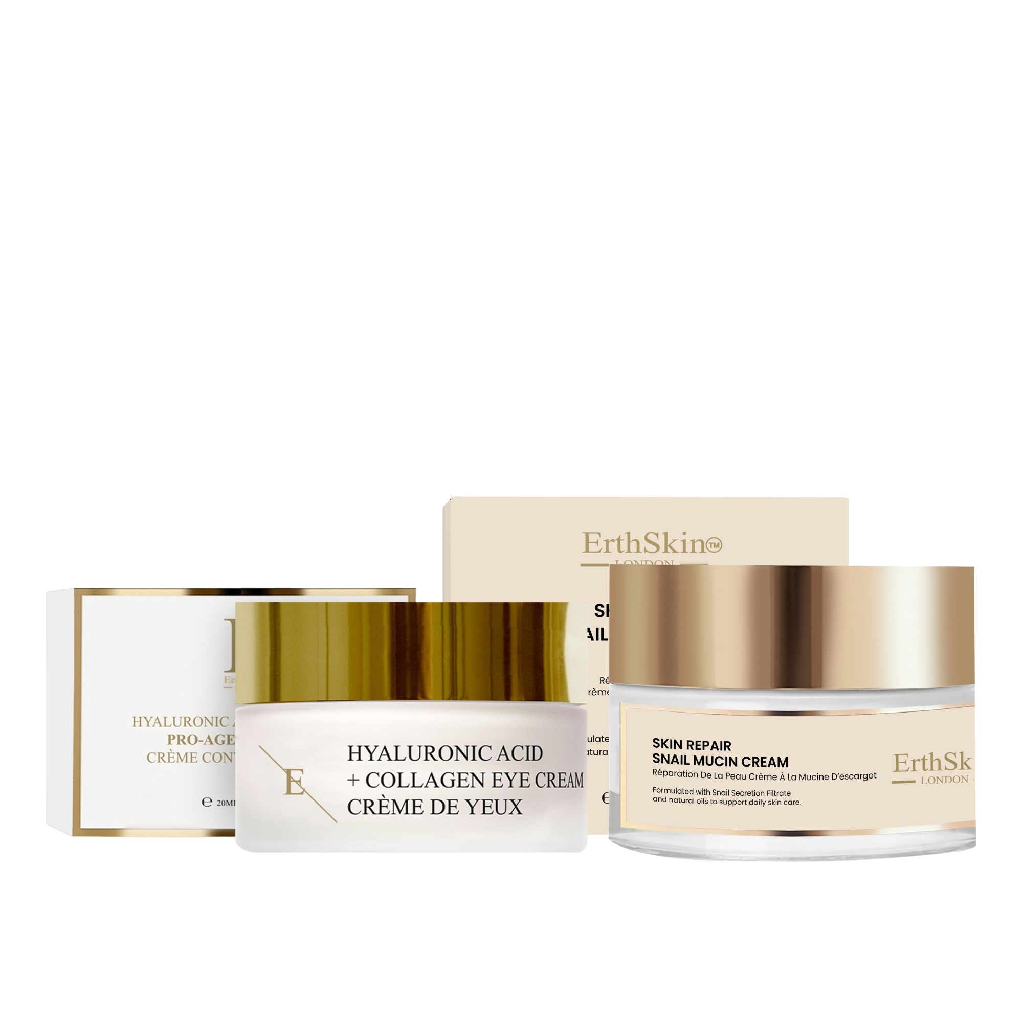 Zwei ErthSkin London Hautpflegeprodukte: Schneckencreme und Augencreme mit Hyaluronsäure und Kollagen.