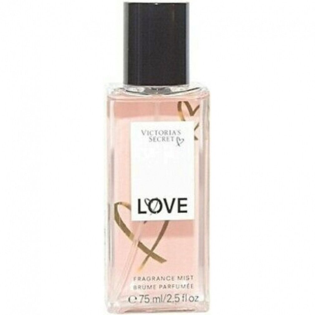 Rechteckige Flasche mit schwarzem Deckel. Aufschrift "Victoria's Secret LOVE". Goldene Herz-Grafik. "Fragrance Mist" und Volumenangabe.