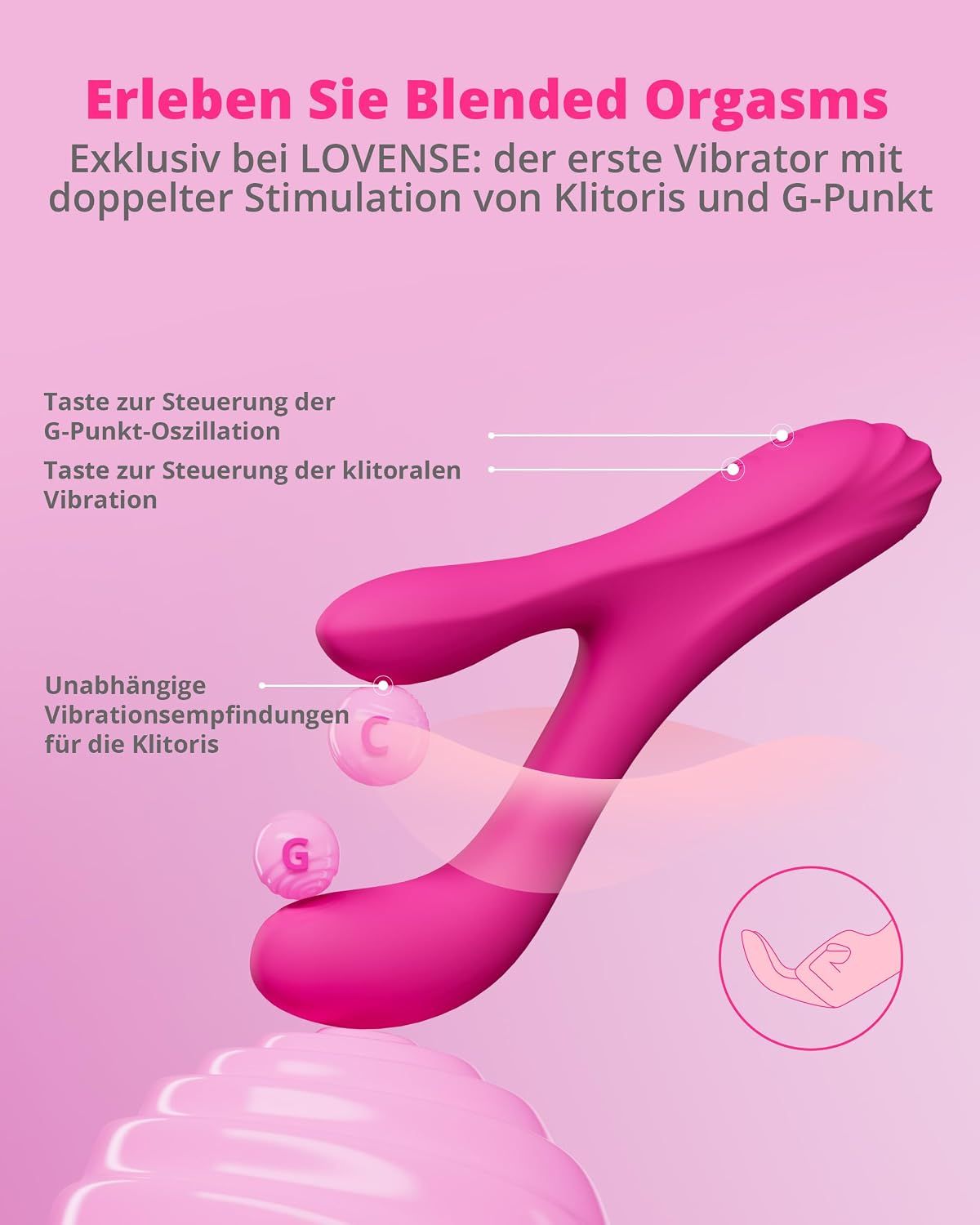 Pinker Vibrator mit zwei Armen, der unabhängige Vibrationen für Klitoris und G-Punkt bietet.
