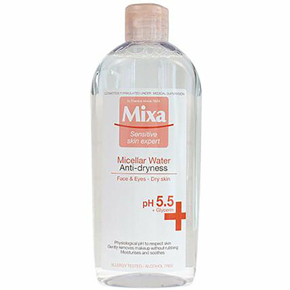 Klare Flasche mit rosa Verschluss. Etikett mit "Mixa", "Micellar Water Anti-dryness", pH 5.5 und Inhaltsstoffen.