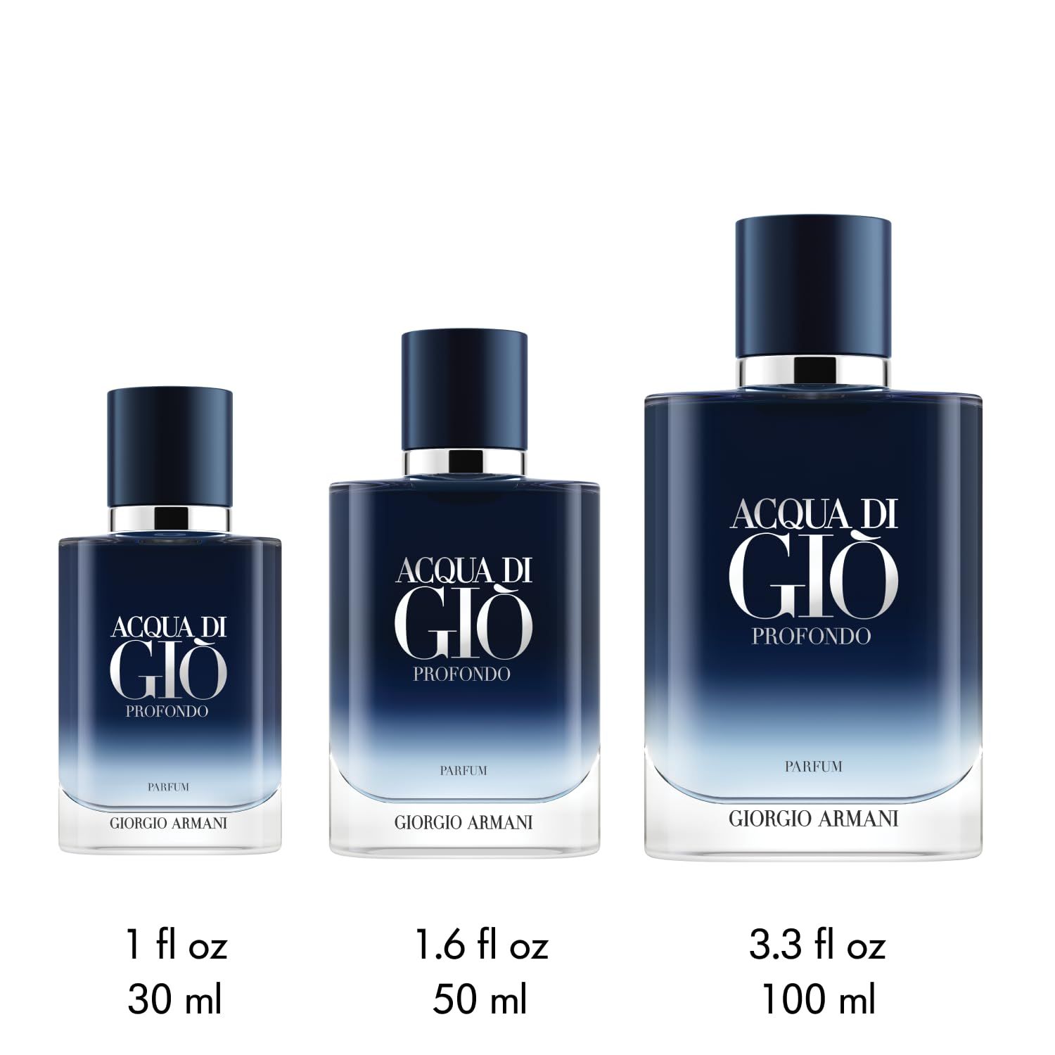 Drei Flaschen Acqua di Giò Profondo Parfum. Größen: 30ml, 50ml, 100ml. Blaue Flaschen mit silbernen Deckeln.
