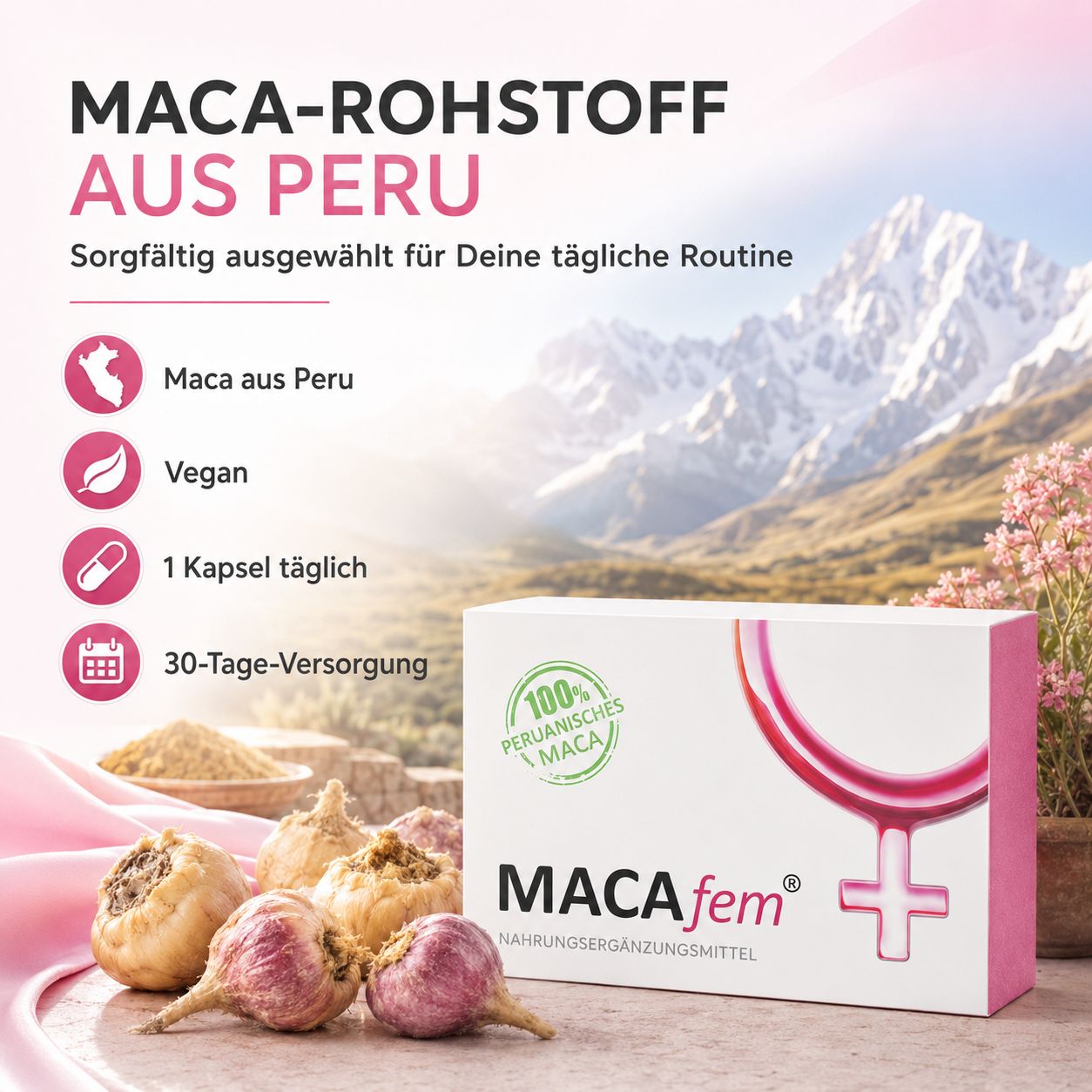 MACAfem® Maca Kapseln: Rohstoff aus Peru, vegan, 1 Kapsel täglich.