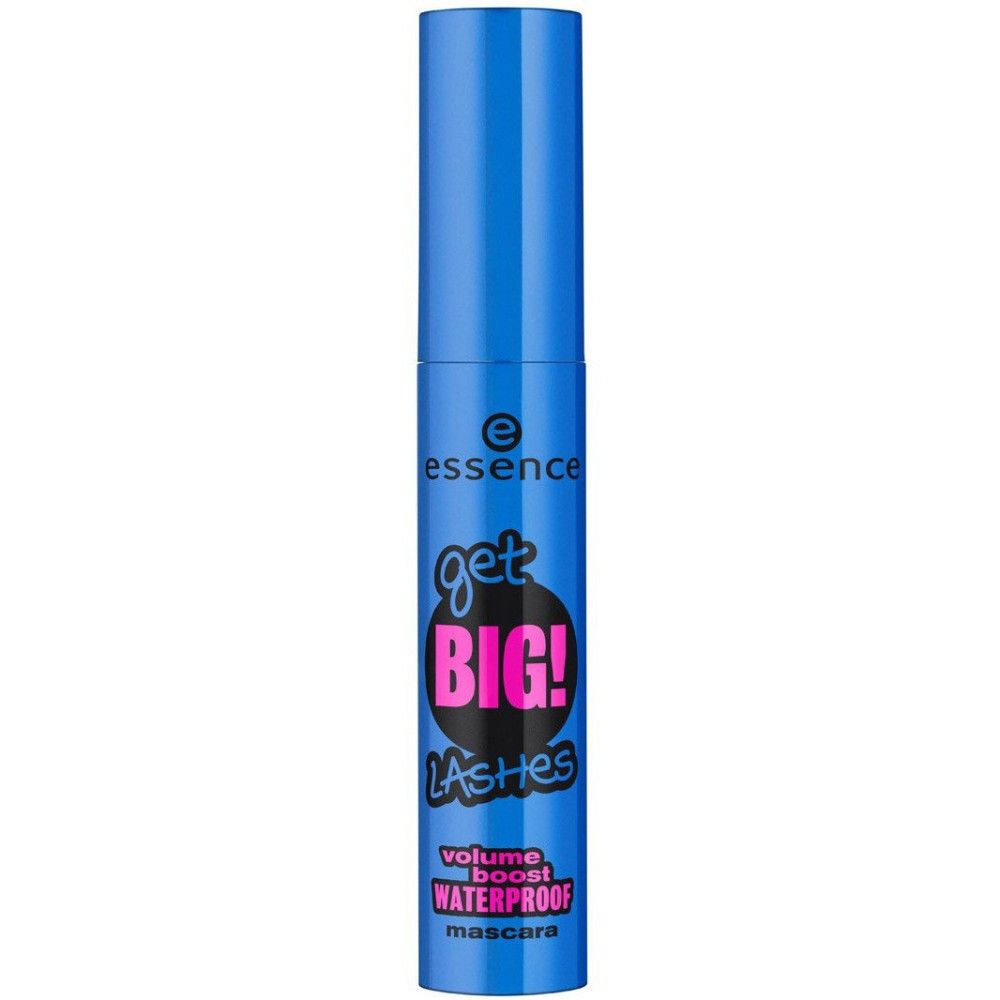 Blaue Mascarahülse mit schwarzem, pinkfarbenem und weißem Text. Aufschrift: get BIG! LASHES, waterproof mascara. Marke: essence.