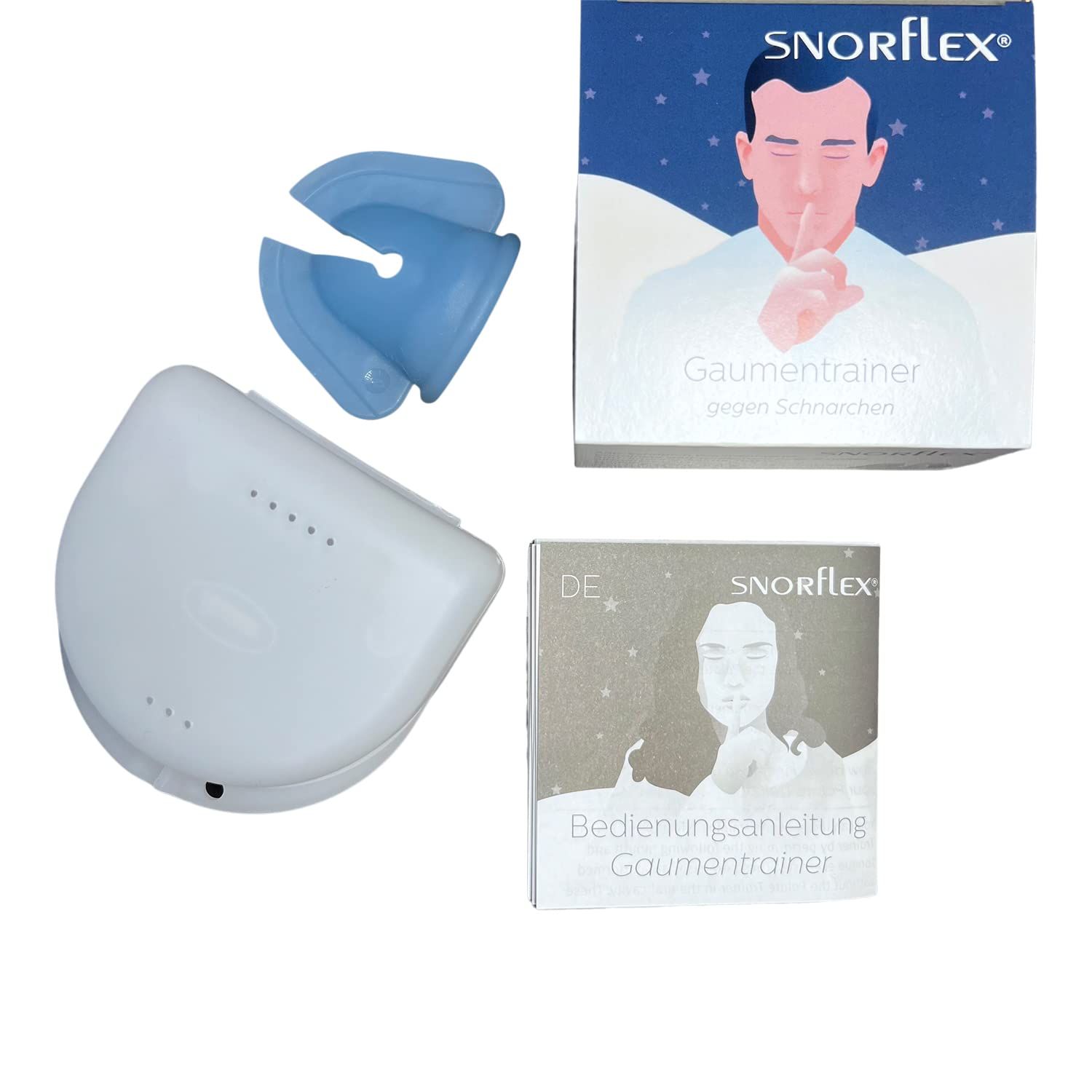 Gaumentrainer, Aufbewahrungsbox und zwei Kartons. Produktname und Bedienungsanleitung.
