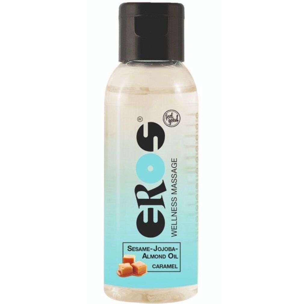 EROS Caramel Massageöl Flasche mit schwarzem Deckel. Enthält Sesam-, Jojoba- und Mandelöl.