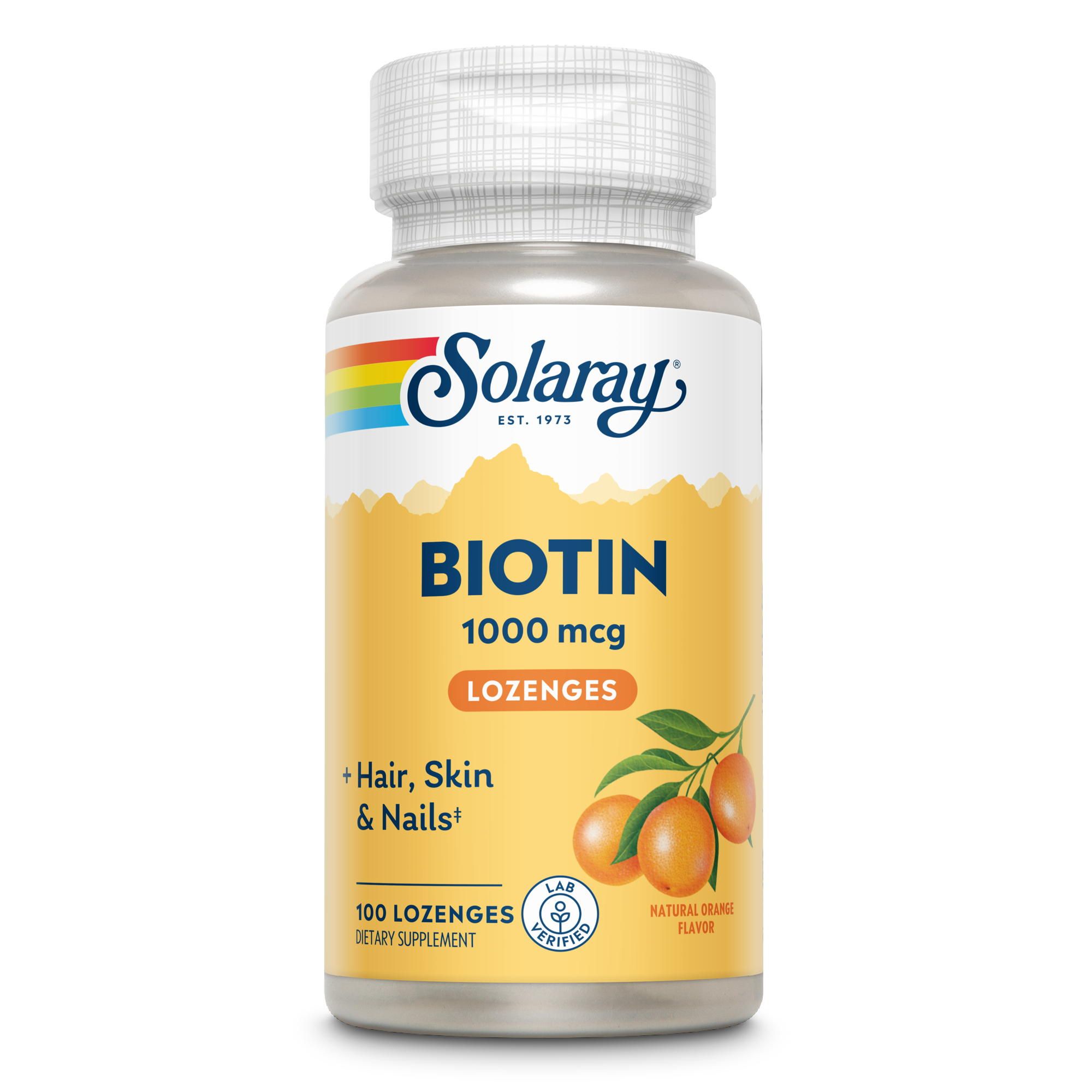 Eine Flasche mit Solaray Biotin 1000 mcg Lutschtabletten. Gelbes Etikett mit Produktnamen, Inhaltsangabe und Abbildung von Früchten.