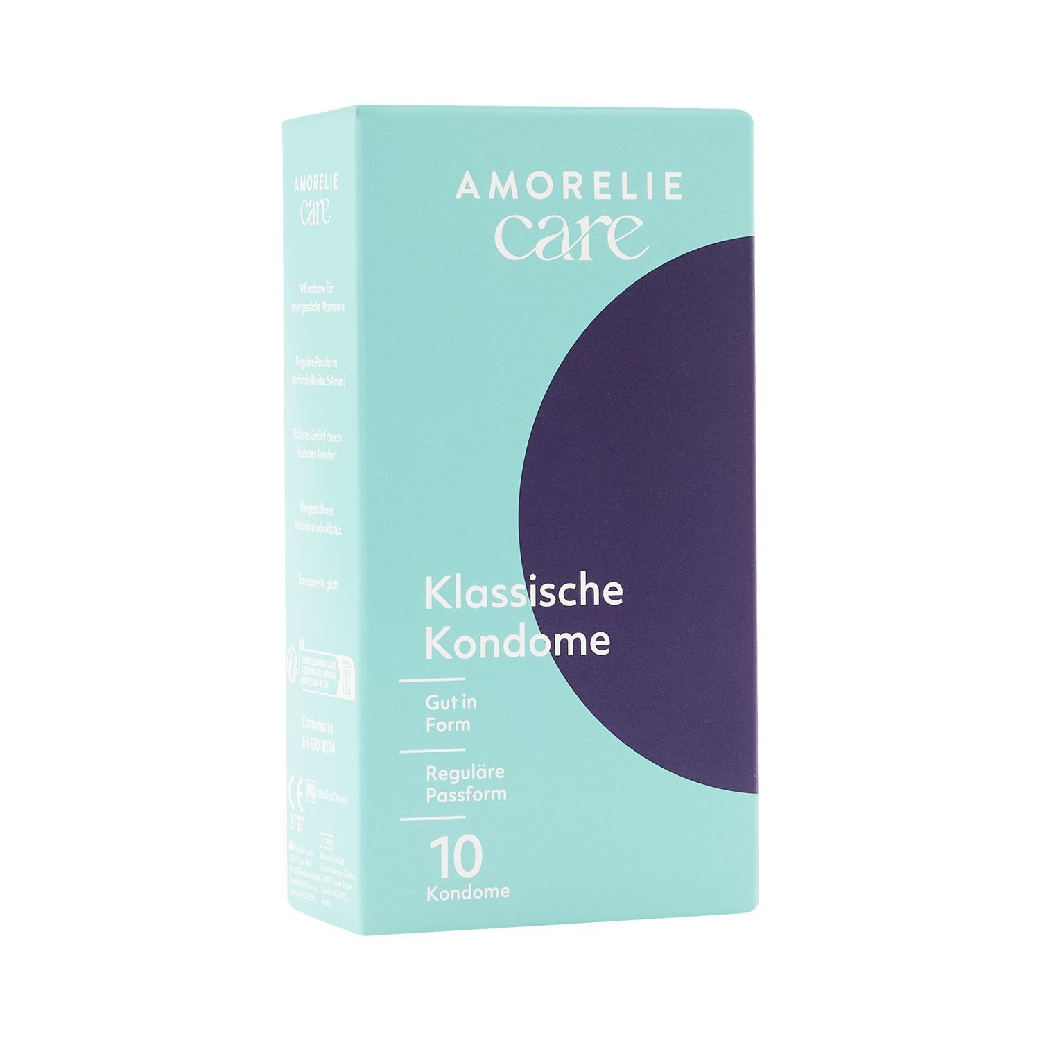 Verpackung mit AMORELIE Care »Klassische Kondome«. 10 Kondome. Text: Gut in Form, Reguläre Passform.