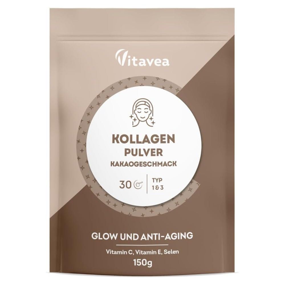 Beige Verpackung mit Vitavea-Logo und Kollagenpulver-Aufdruck. Kakaogeschmack, 30 Portionen, Typ 1&3, Glow und Anti-Aging, 150g.