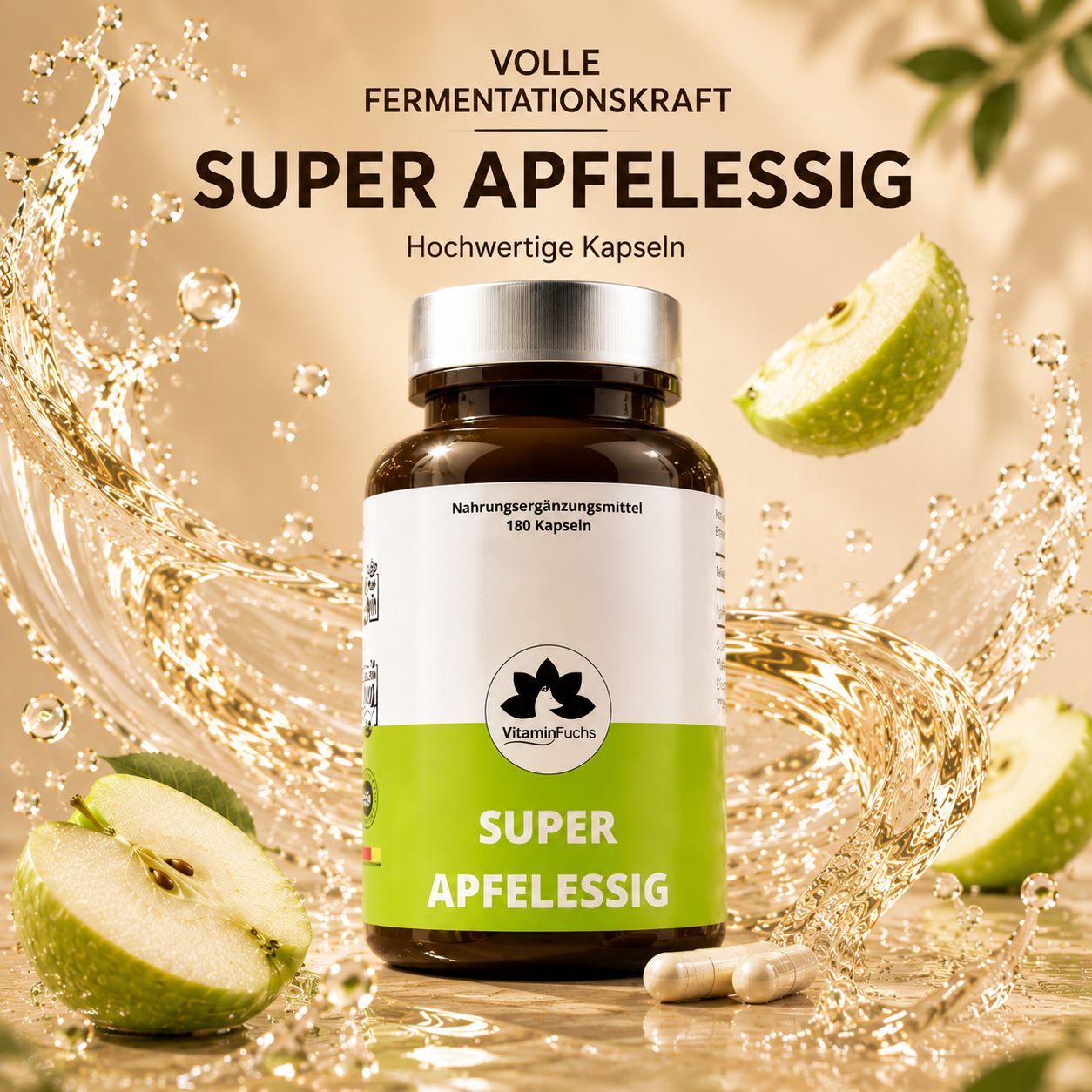 Braune Flasche mit Kapseln. Aufschrift: Super Apfelessig, VitaminFuchs. Äpfel und Wasser spritzer im Hintergrund.