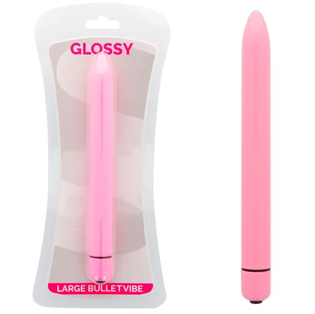 Rosa Vibrator in Verpackung und daneben. Verpackung mit Aufschrift GLOSSY und LARGE BULLETVIBE. Vibrator zylindrisch.