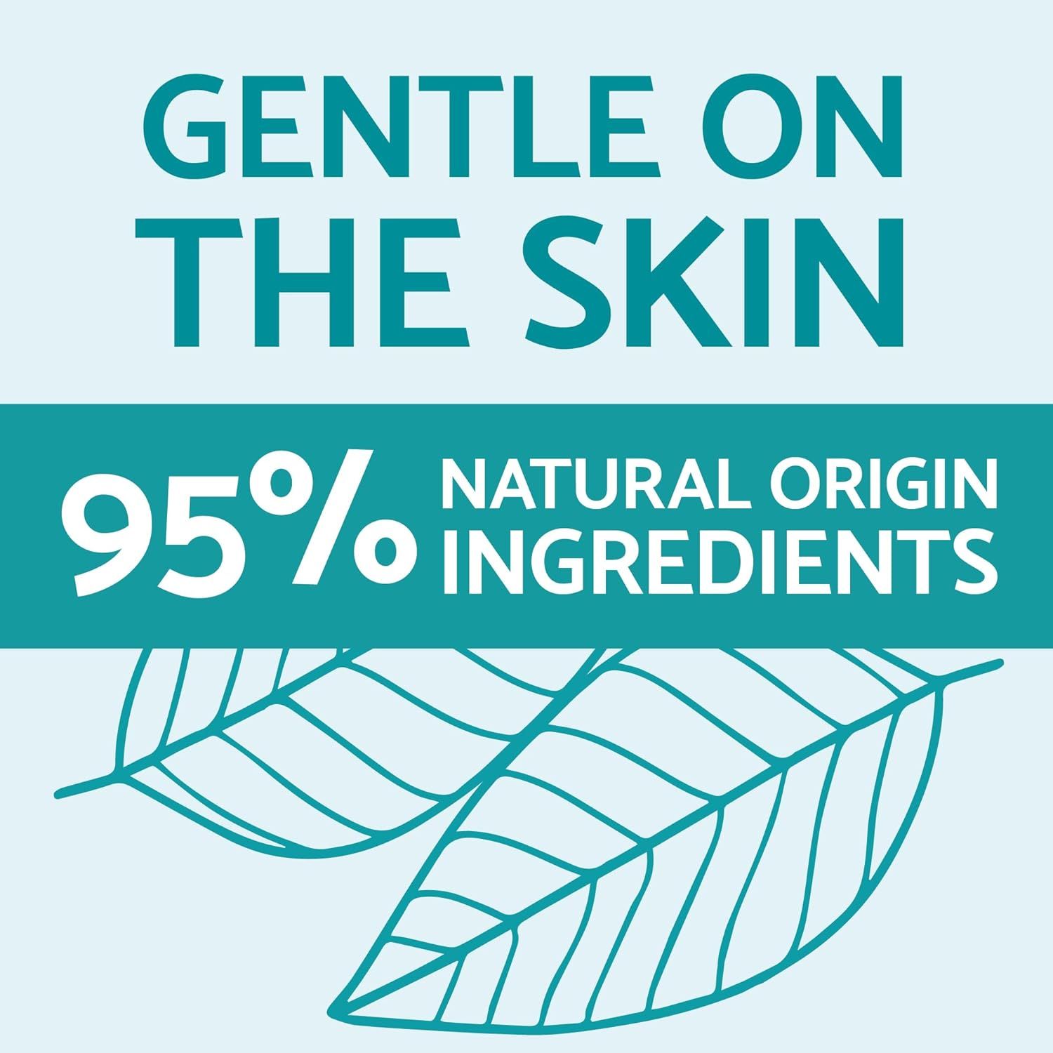 Text: 'Sanft zur Haut' und '95% Inhaltsstoffe natürlichen Ursprungs'. Zwei grüne Blätter.
