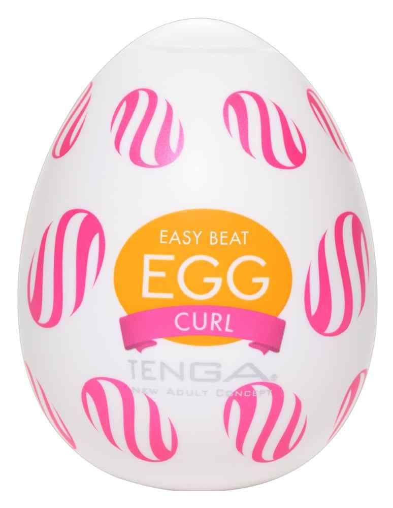 Weißes Ei mit rosa Streifenmuster. Auf der Vorderseite steht "EASY BEAT EGG CURL" in einem orangefarbenen Kreis. Darunter steht "TENGA".