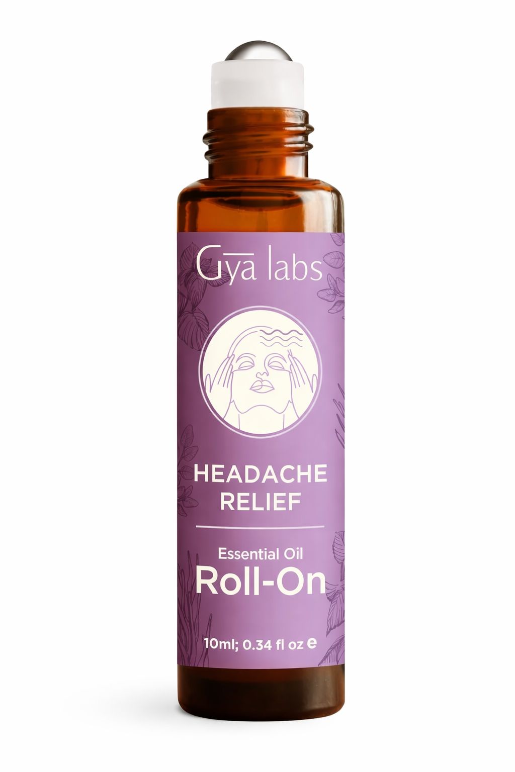 Braune Glasflasche mit Roll-on-Aufsatz. Lila Etikett: Gya Labs, Kopfschmerzlinderung, ätherisches Öl, Roll-on. 10ml, 0,34 fl oz.