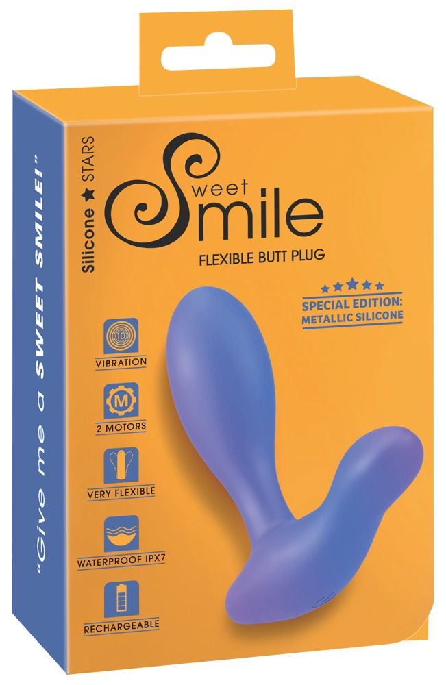 Verpackung des Sweet Smile Analvibrators, blau, mit Produktmerkmalen wie Vibration und Wasserdichtigkeit.