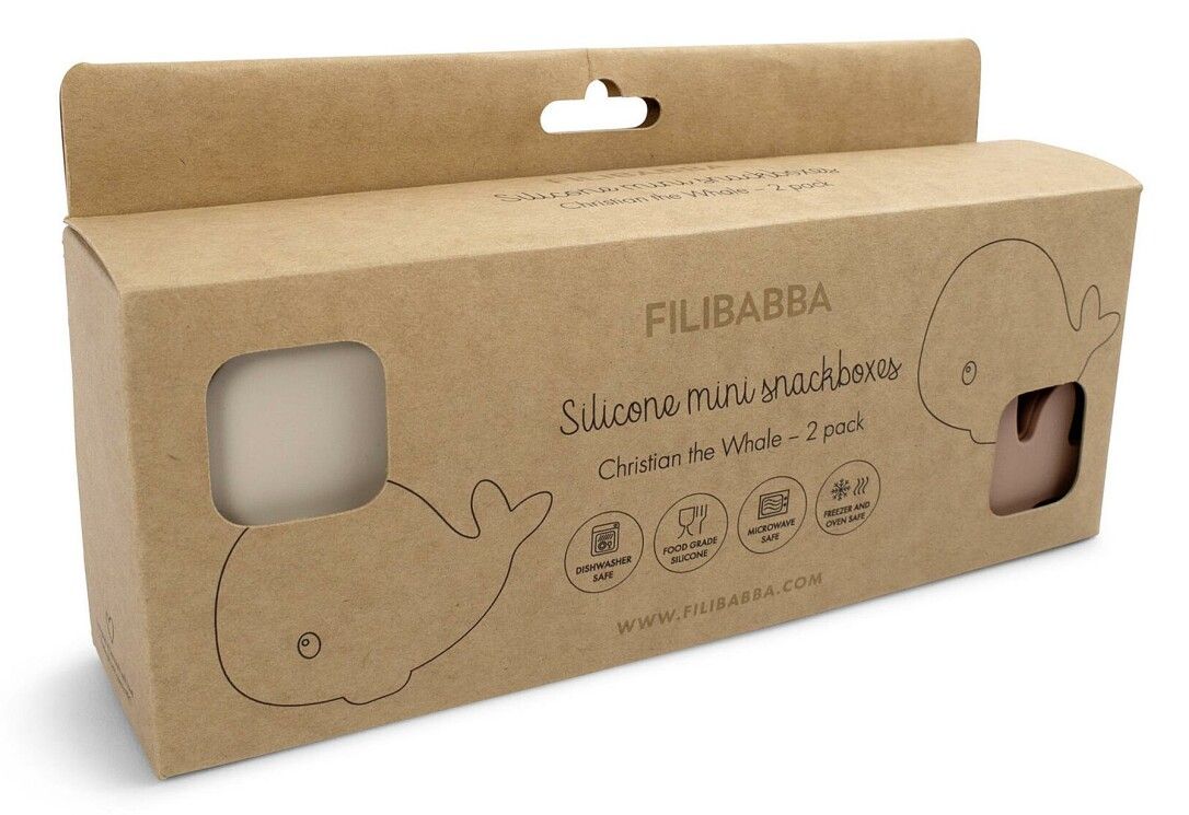 Verpackung für zwei walförmige Brotdosen. Marke FILIBABBA. Text: Silicone mini snackboxes, Christian the Whale - 2 pack.