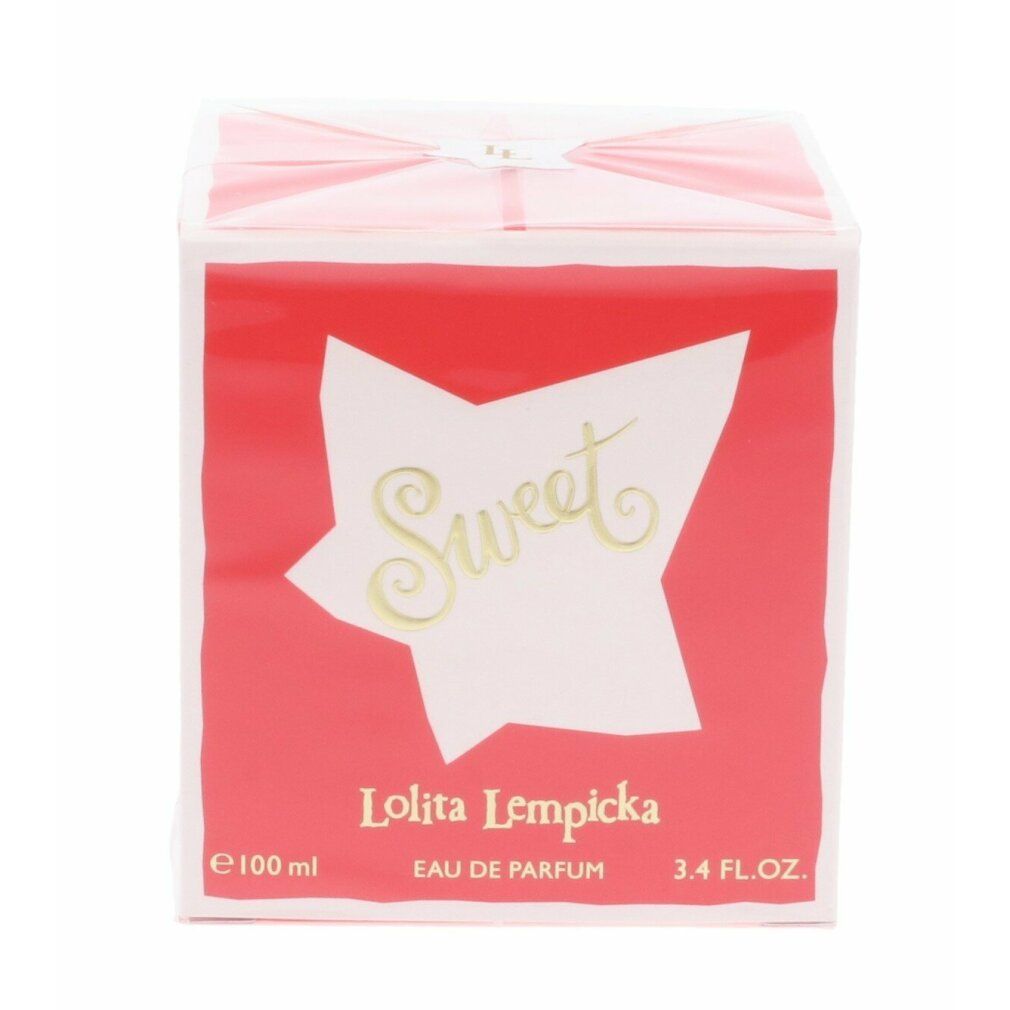 Roter Karton mit weißem Stern und goldfarbenem Schriftzug Sweet. Lolita Lempicka Eau de Parfum. 100 ml und 3.4 FL.OZ.