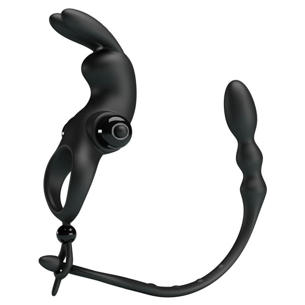 Schwarzes Vibrationsprodukt mit Ring, Stimulationsteil und Analplug. Mit Knopf. Detailansicht.