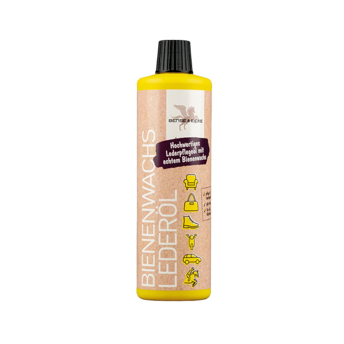 Gelbe Flasche mit schwarzem Deckel. Aufschrift: Bienenwachs Lederöl. Etikett mit Produktinformationen und Logos.